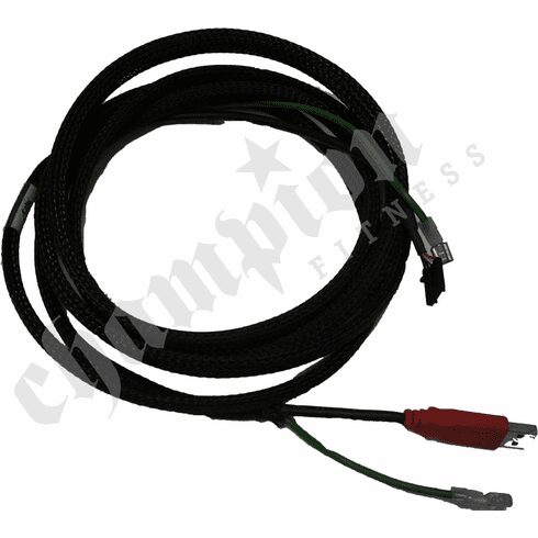 A black cord with two red and white wires.