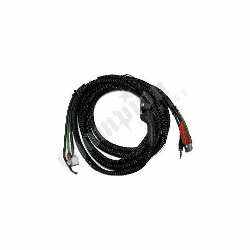 A black cord with red and white wires.