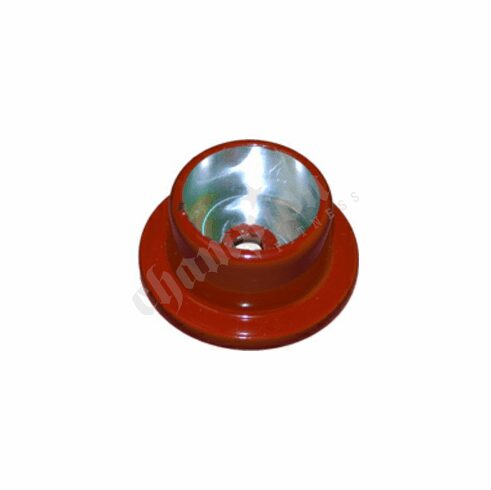 A red and silver object is sitting on top of the floor.