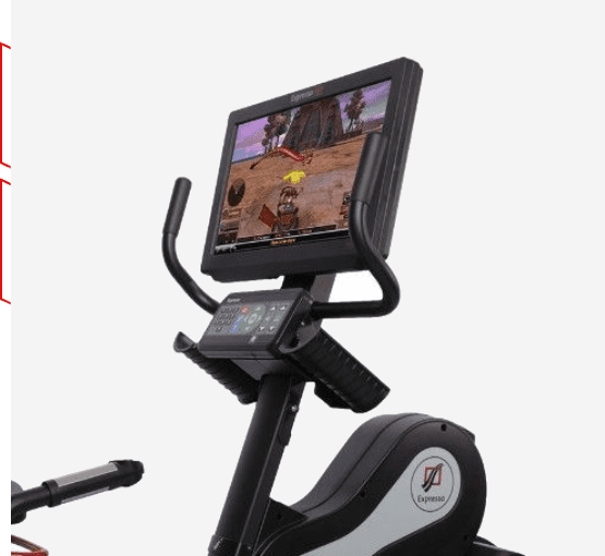 A close up of the back of an exercise bike with a monitor on it.