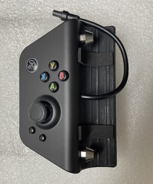 Compact black game controller with joystick and cable